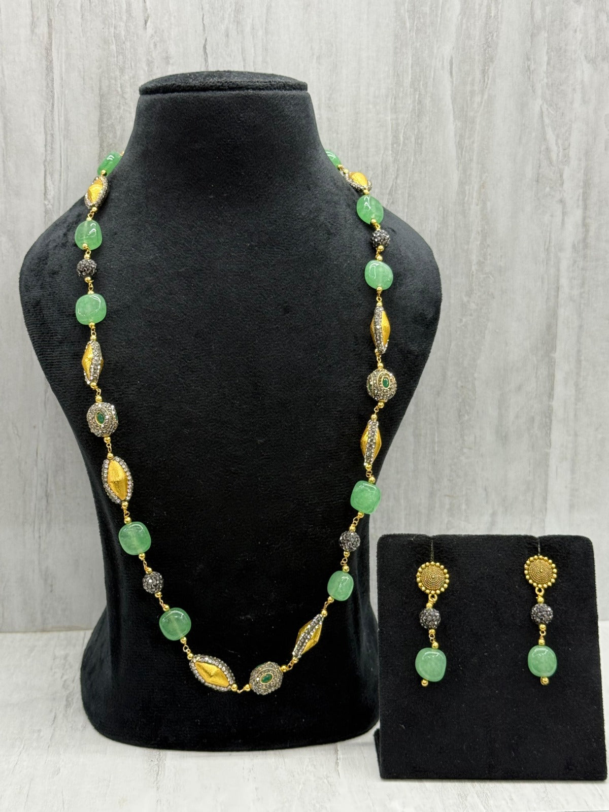 precious stone with CZ mala in mint for woman