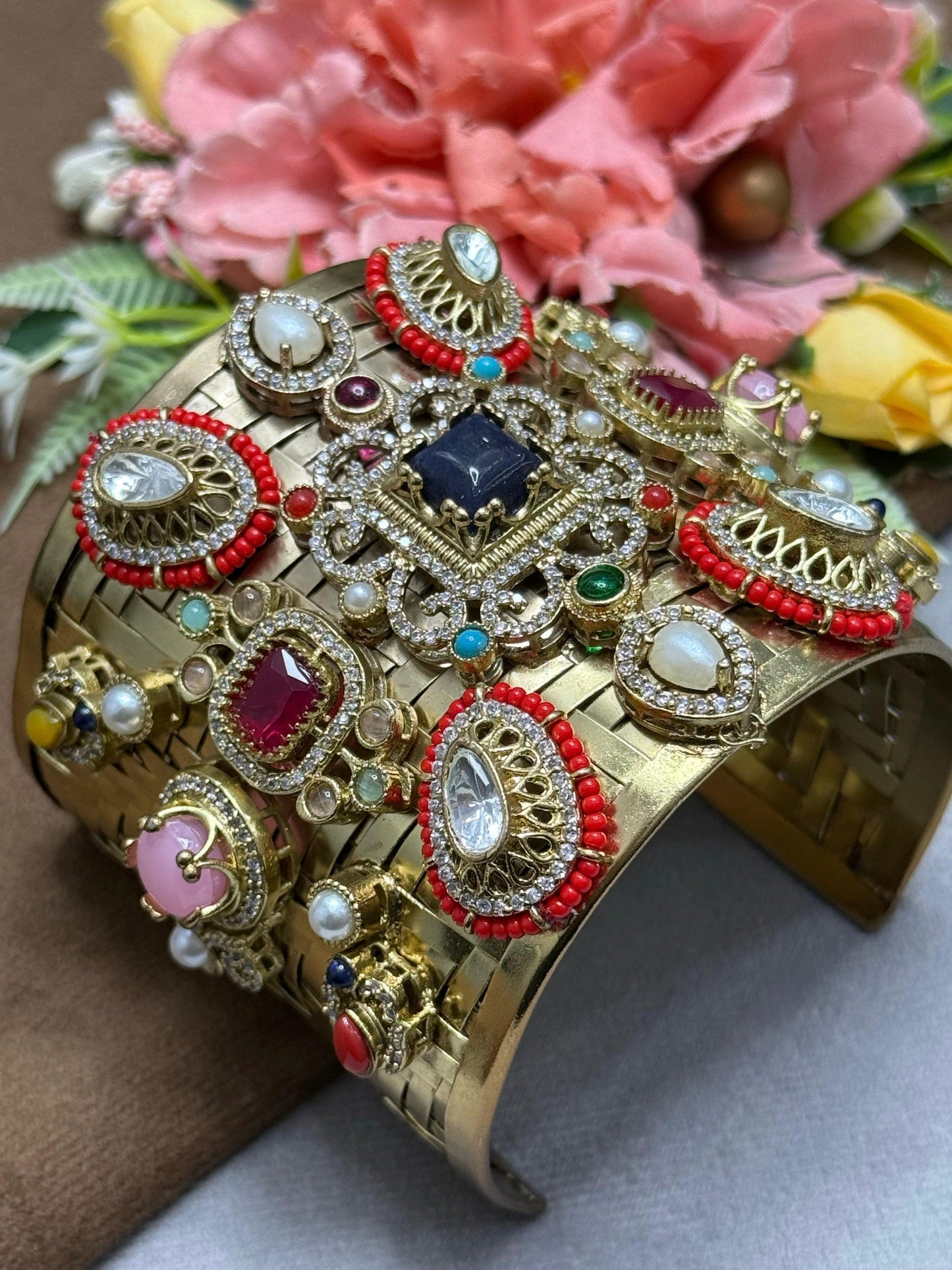 Antique With Precious Stones With Side Beading Bracelet For Women