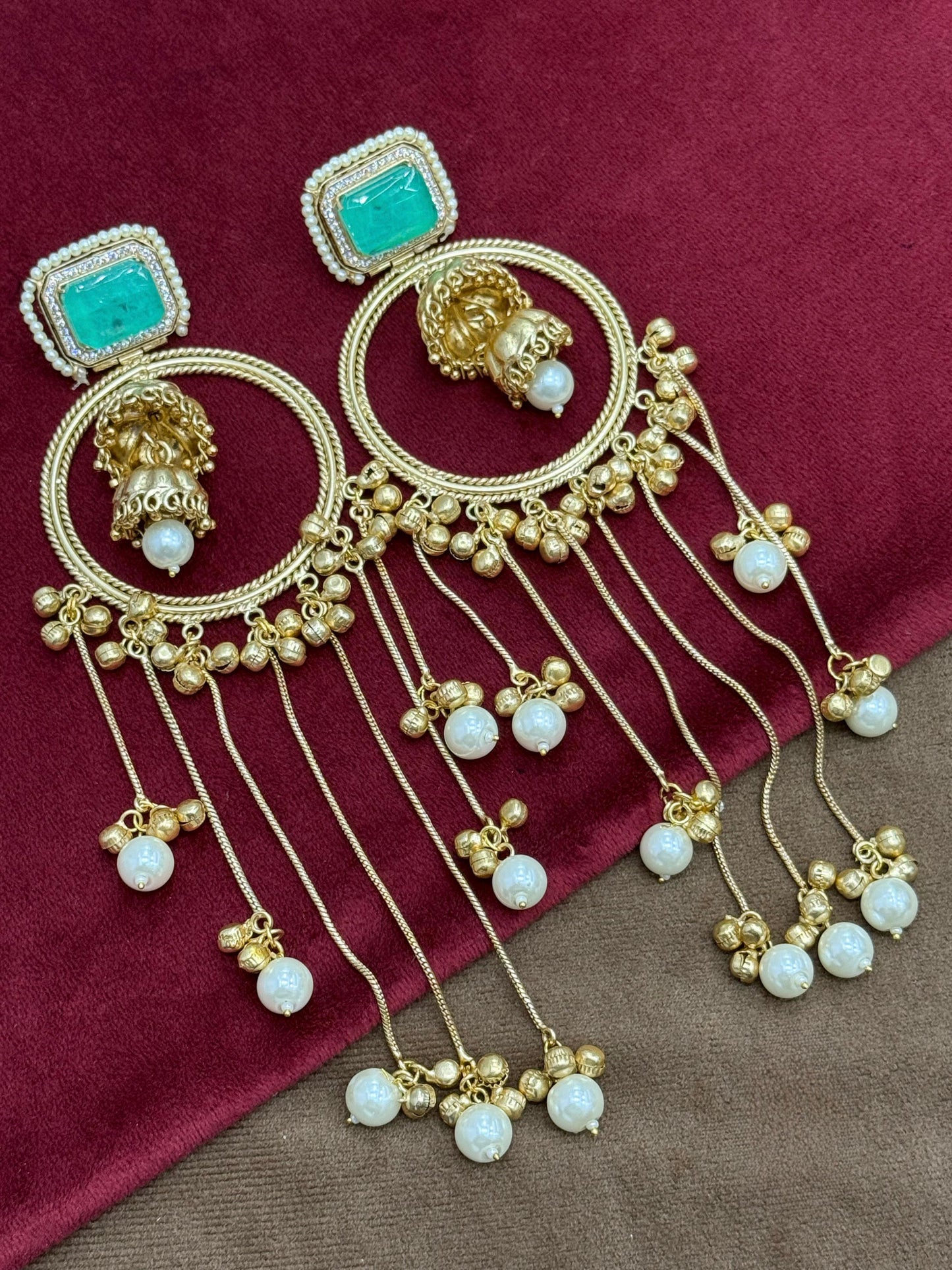 Chandbali With Doublet Stone Kashmri Earrings in Mint For Women