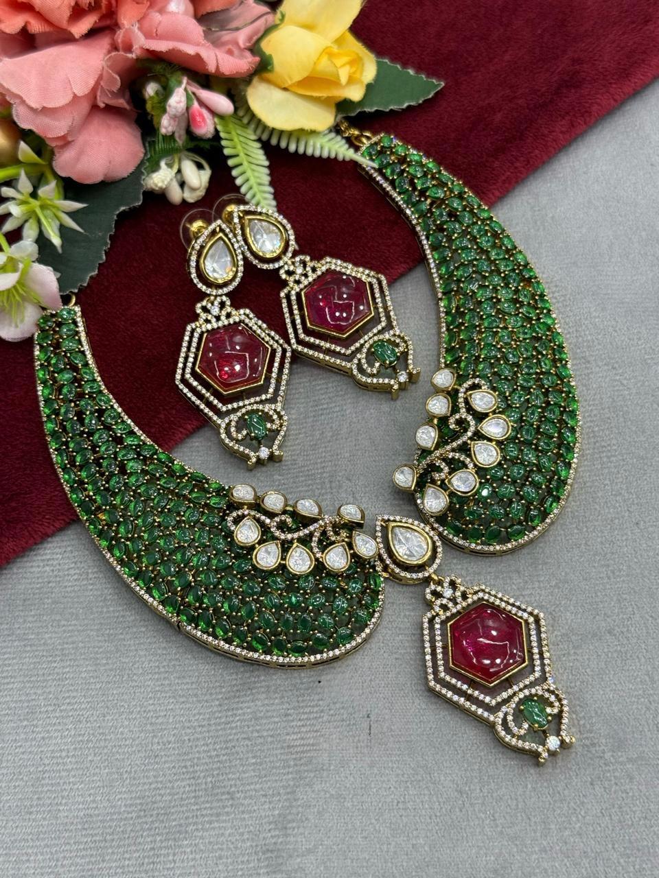 Hasli With Mossanite Kundan in Green For Women