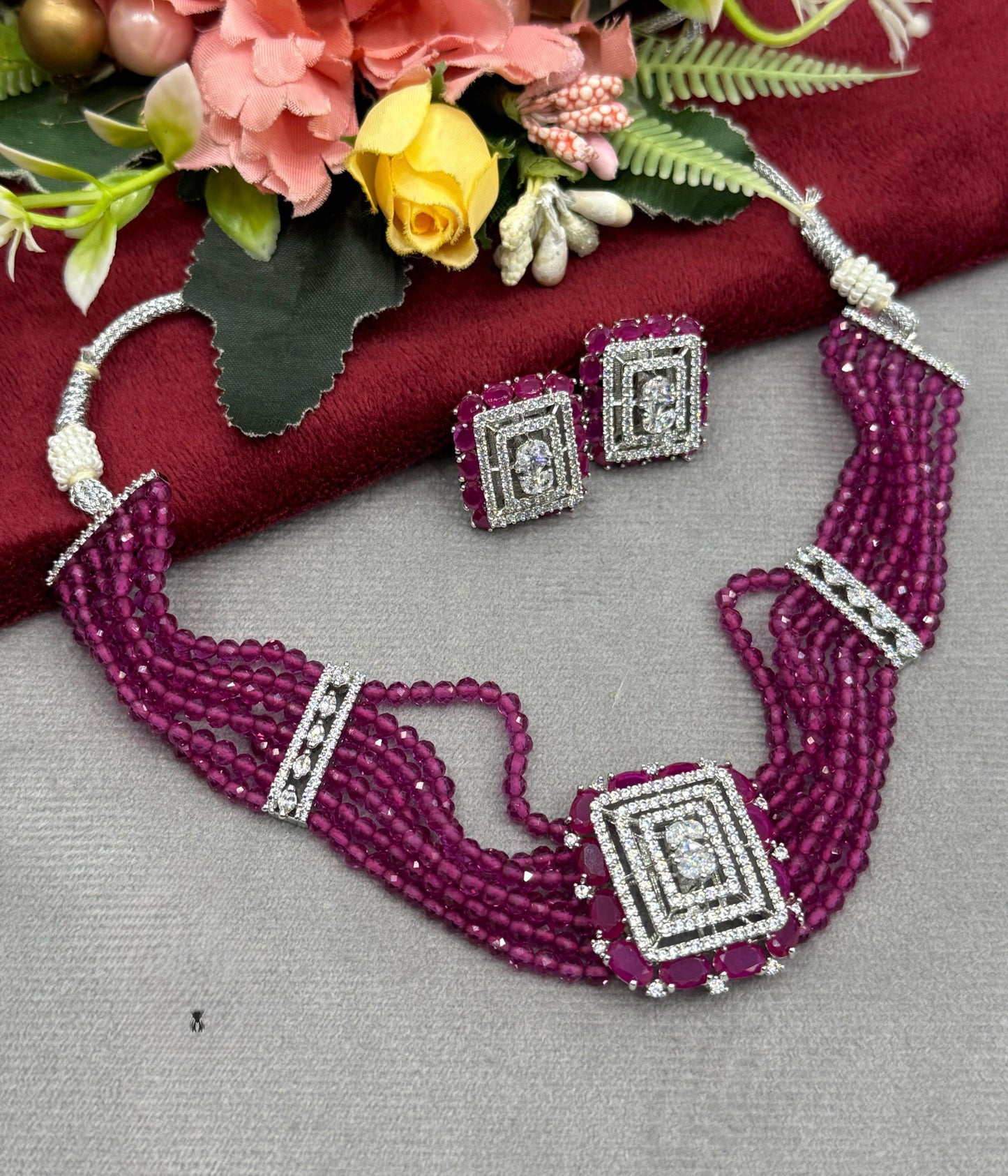 Square CZ With Beaded Choker In Ruby