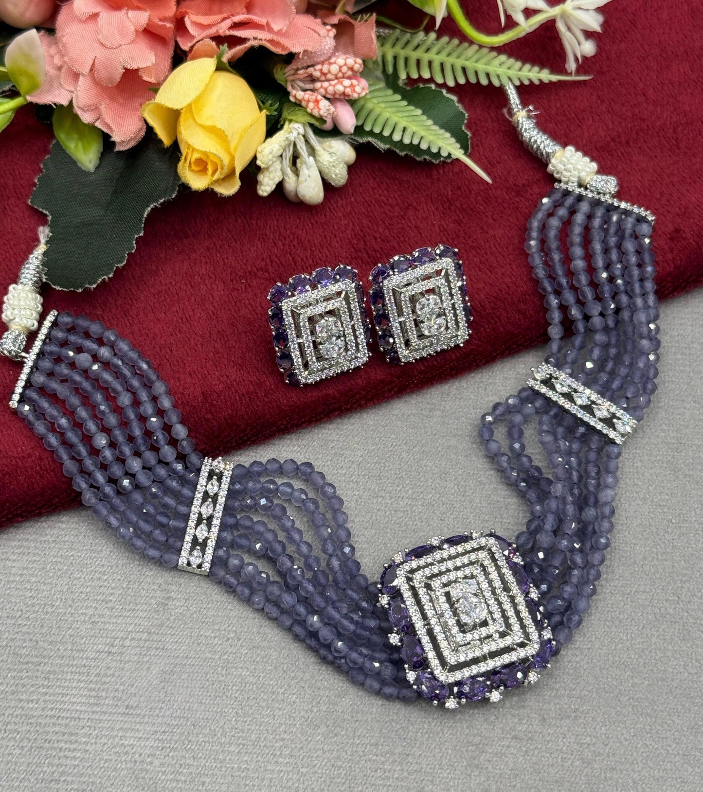 Square CZ With Beaded Choker In Amethist