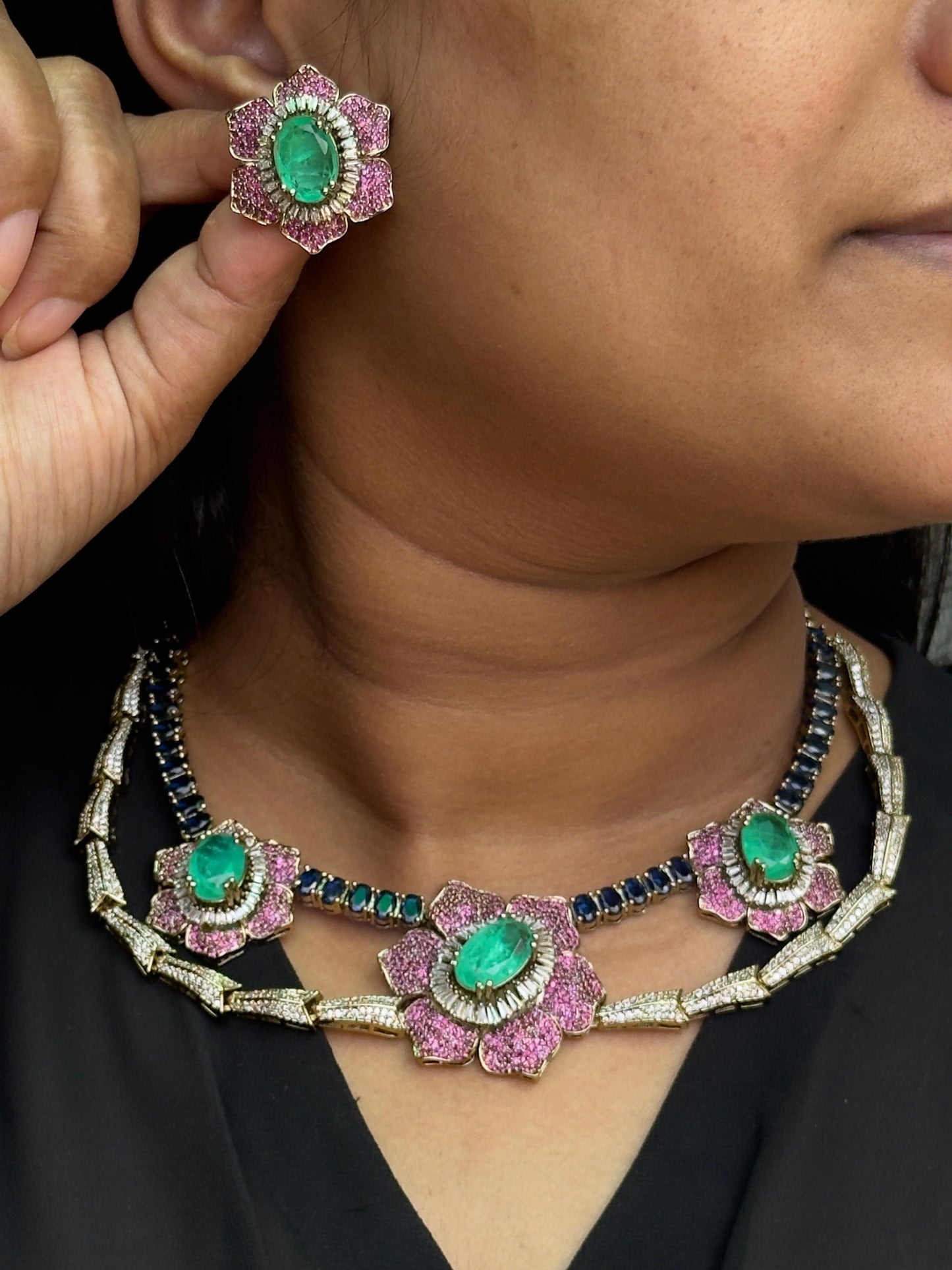 Double Line CZ With Mehandi Polish Floral Necklace