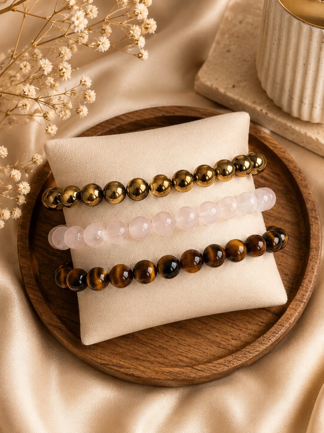 Pyrite, Rose Quartz And Tiger Eye Bracelet Combos