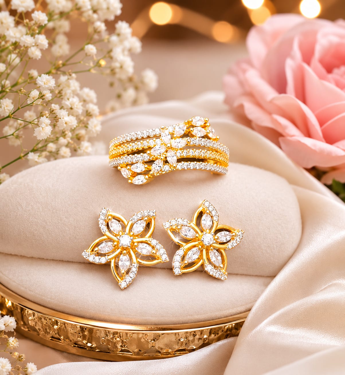 Gold Finish Floral Studs With Sleek Ring Combo For Women And Girls
