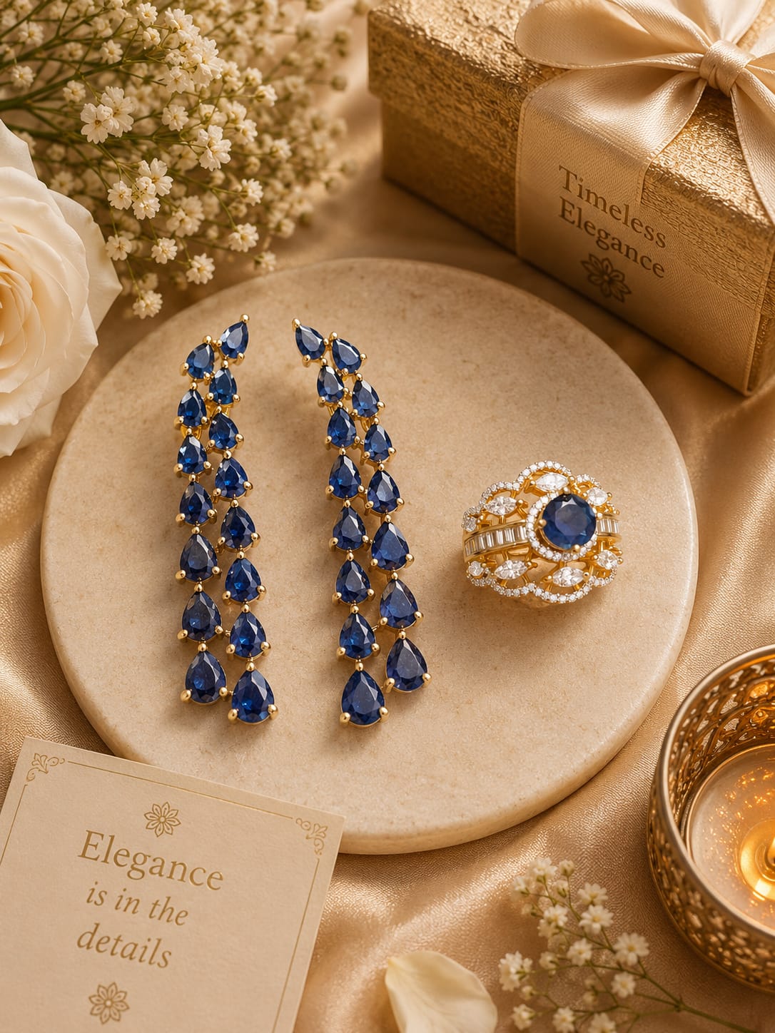 CZ Long Earring And Ring Combo In Royal Blue For Women And Girls