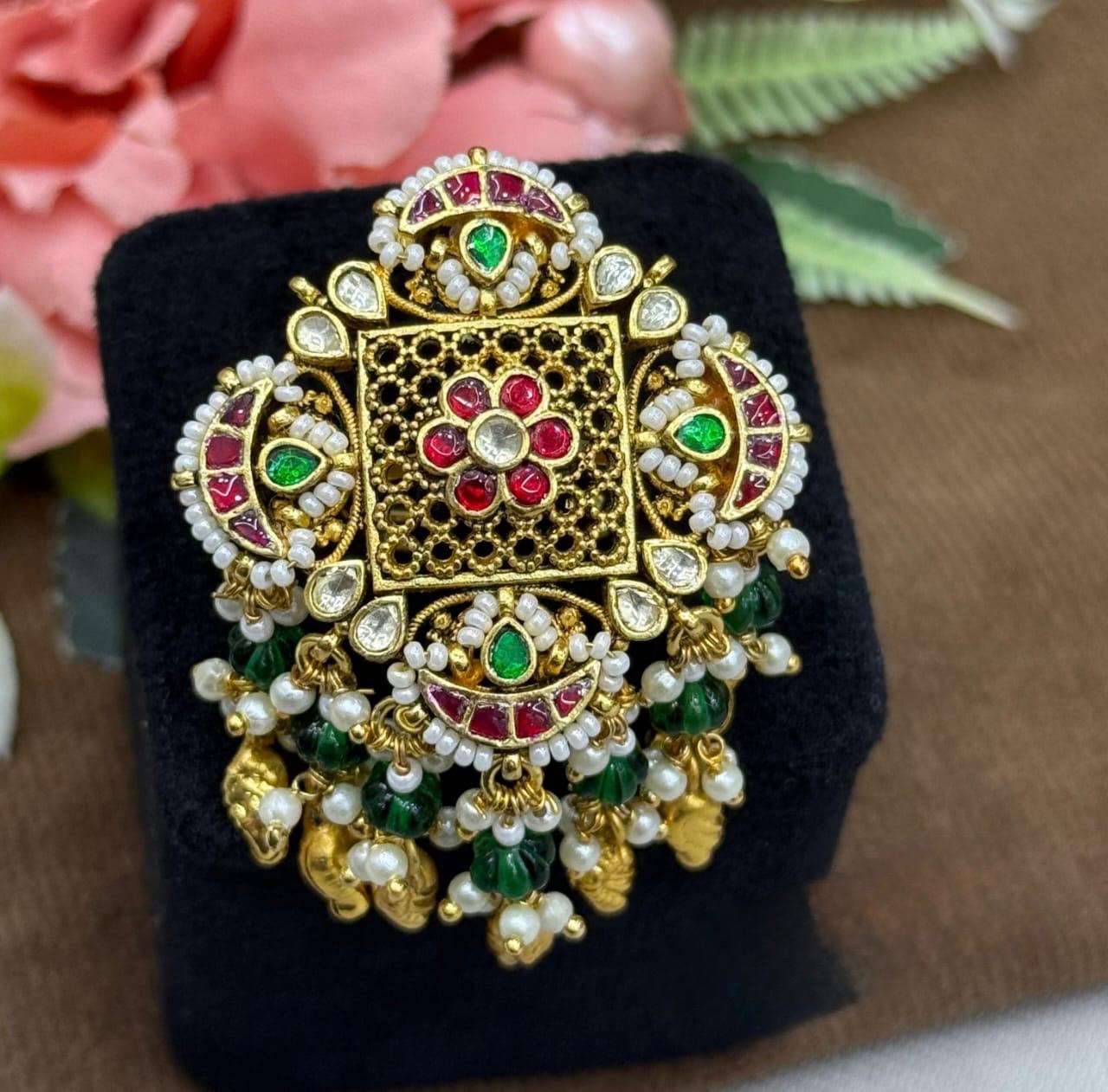 Colorful Paachi Kundan Ring With Hanging For Women