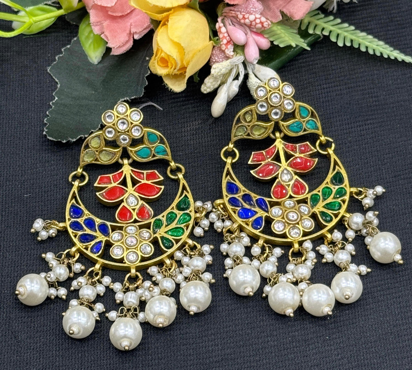 Multi Color Stones With Pearls Handmade Earring