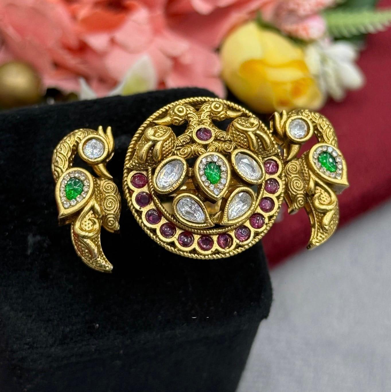 Double Fimger Ring With Kundan Stones For Women