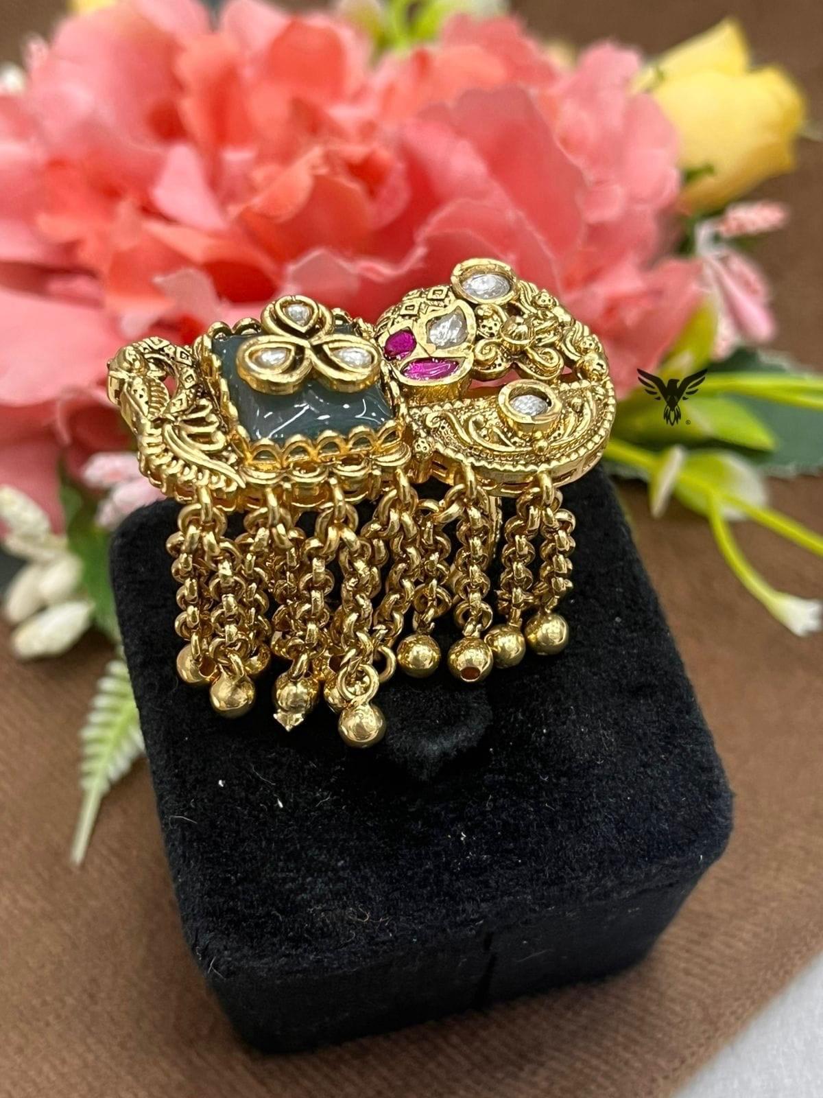 Dual Finger Ring With Kundan Stones For Women