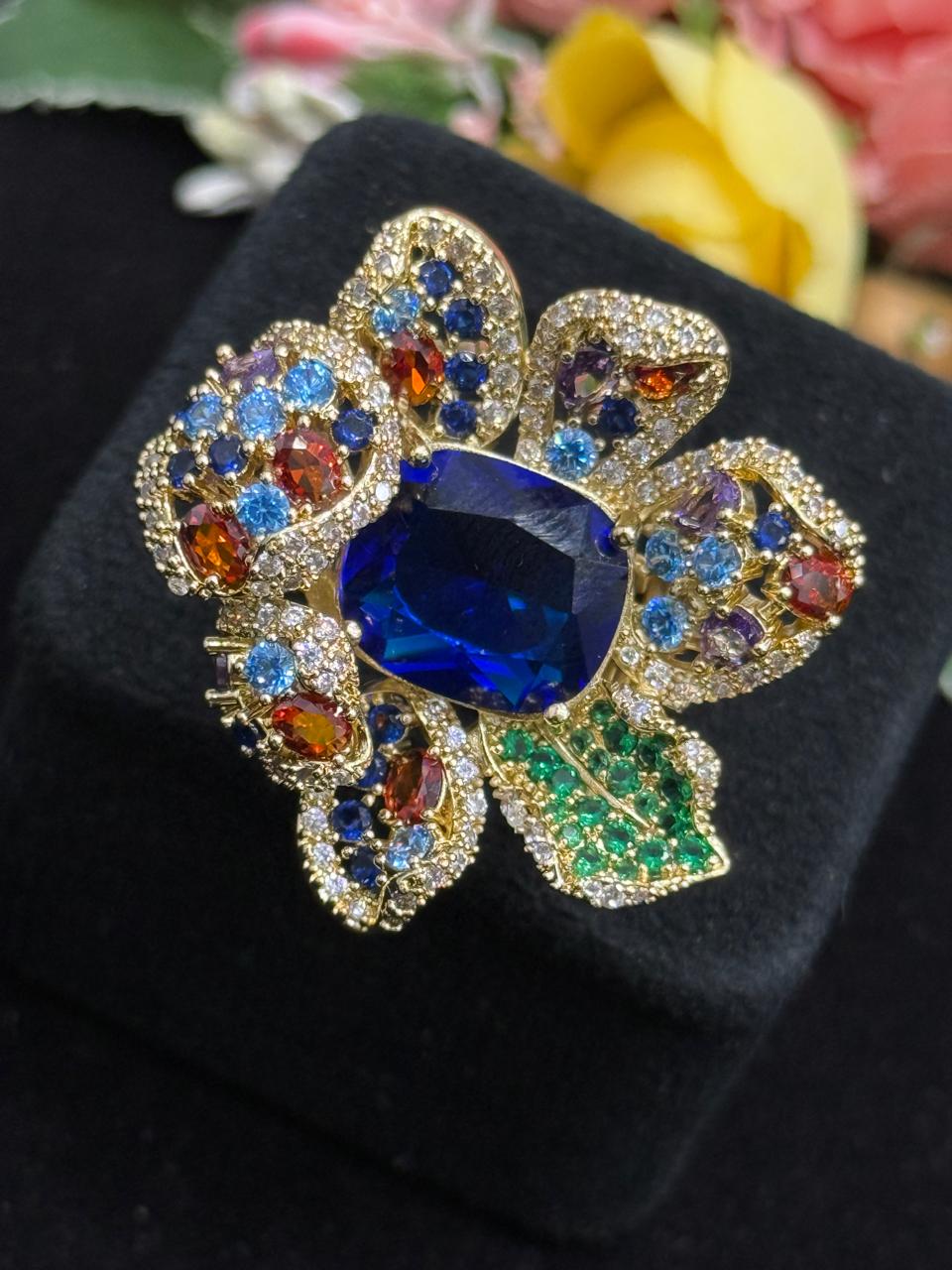 Centre Blue Stone With Colorful CZ Ring