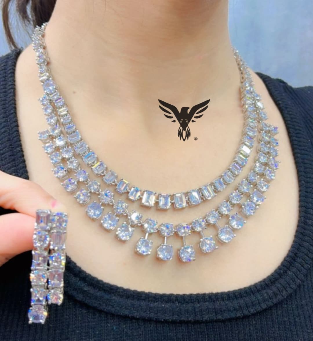 Panasha Cubic zirconia necklace in triple layer for women in white polish perfect for cocktail parties, engagement and wedding