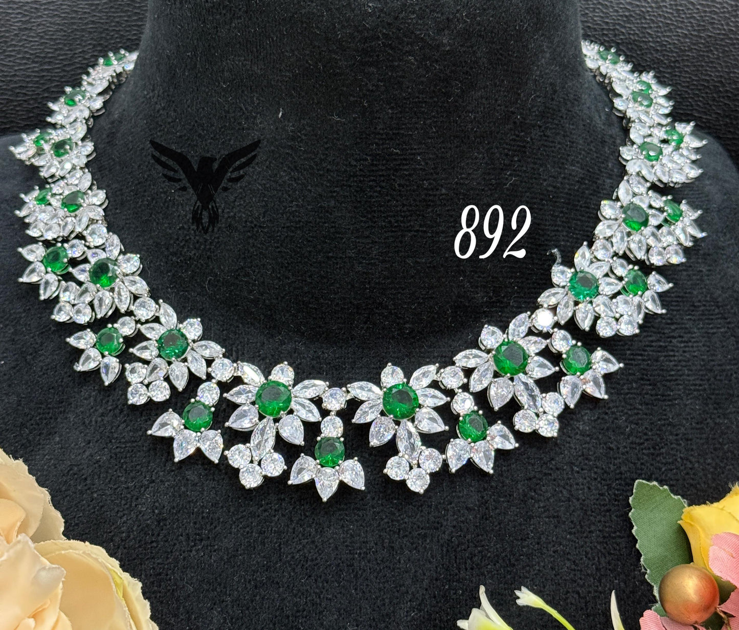 Hazel american diamond necklace in green swaroski stones for women