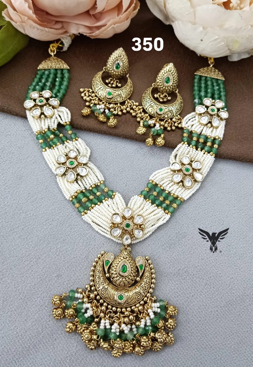 Bhumi Rajwadi style kundan necklace in Mint with golden Jhumkis for wedding, function and grand celebration for women (Copy)