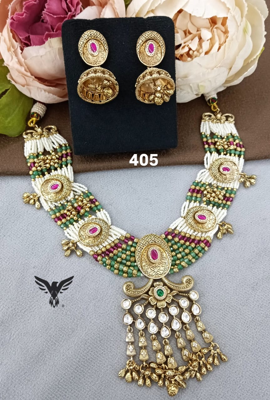 Traditional Rajwadi style kundan necklace in multicolour with golden Jhumkis for wedding, function and grand celebration for women