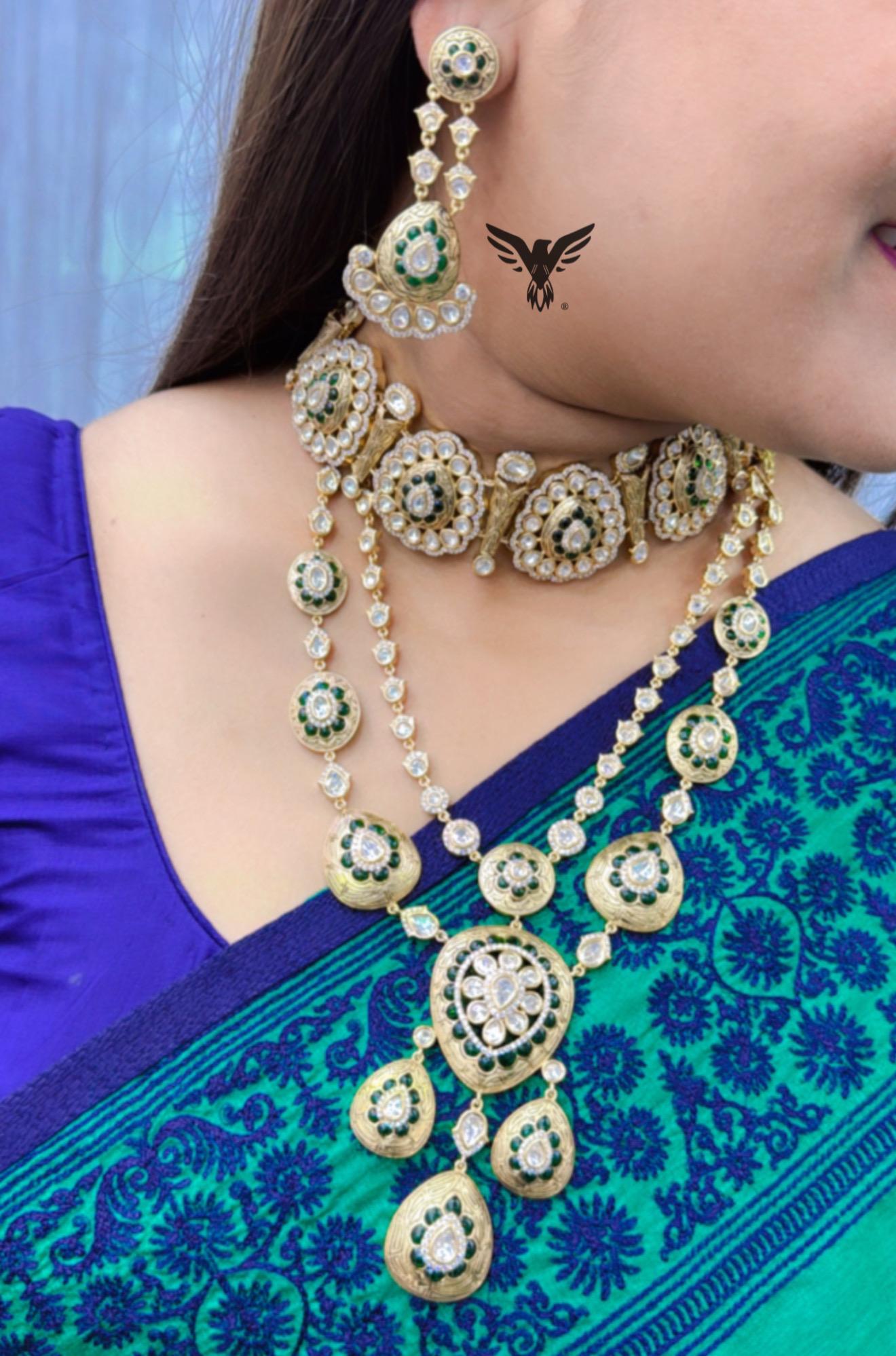 Meera choker and long necklace with earrings and tikka for women , perfect for Indian weddings and grand celebration