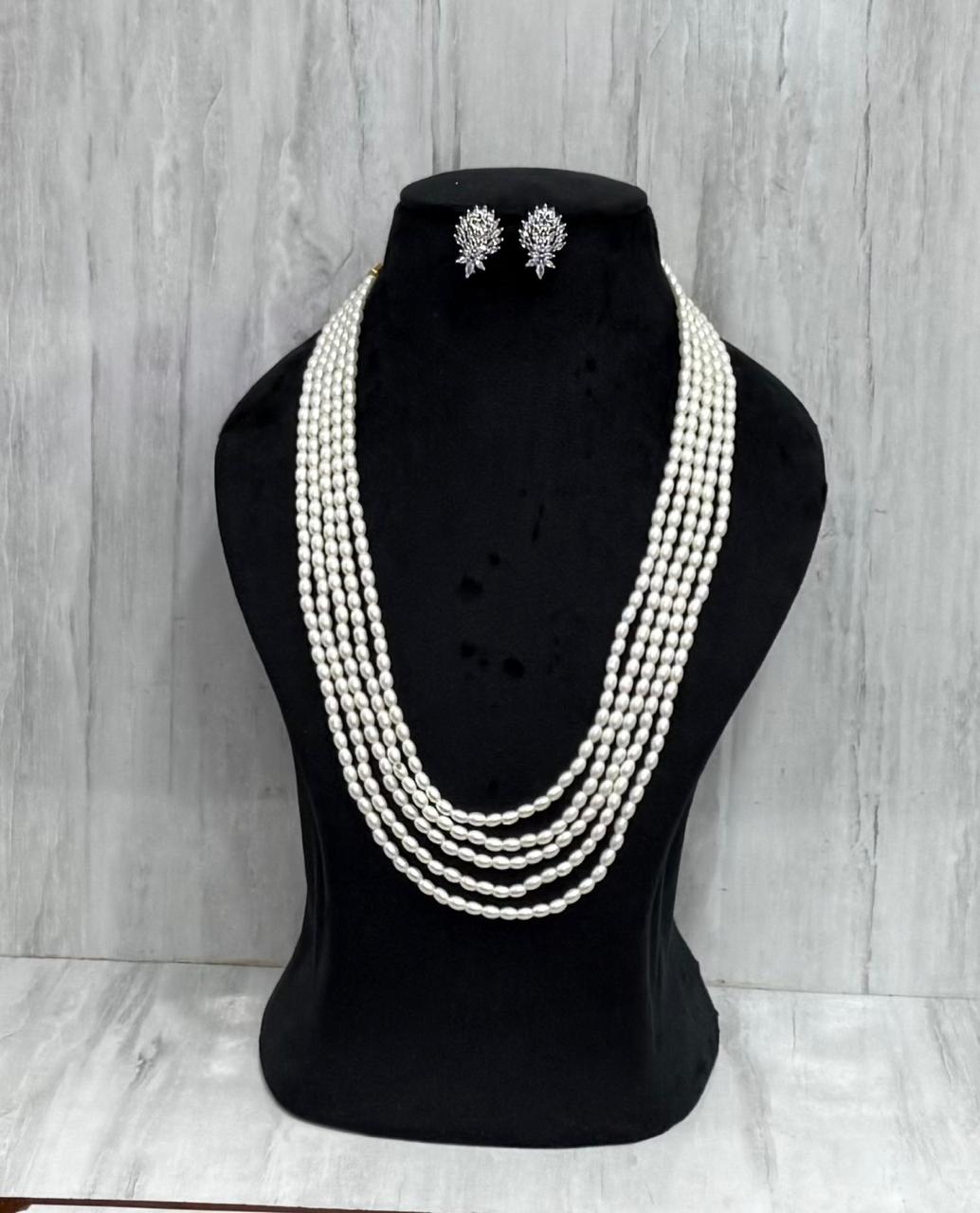 Drashti White Beads Five Layered Mala With Cz Studs For Women