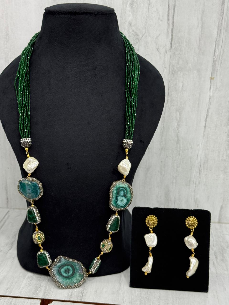 Green and white Fusion mala in baroque, duzy and hydra beads from jaipur
