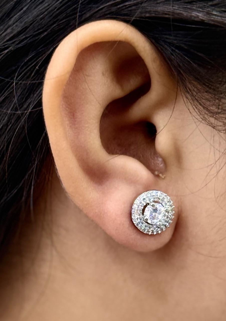 SILVER TONE ROUND CUBIC AD STONE EARRING