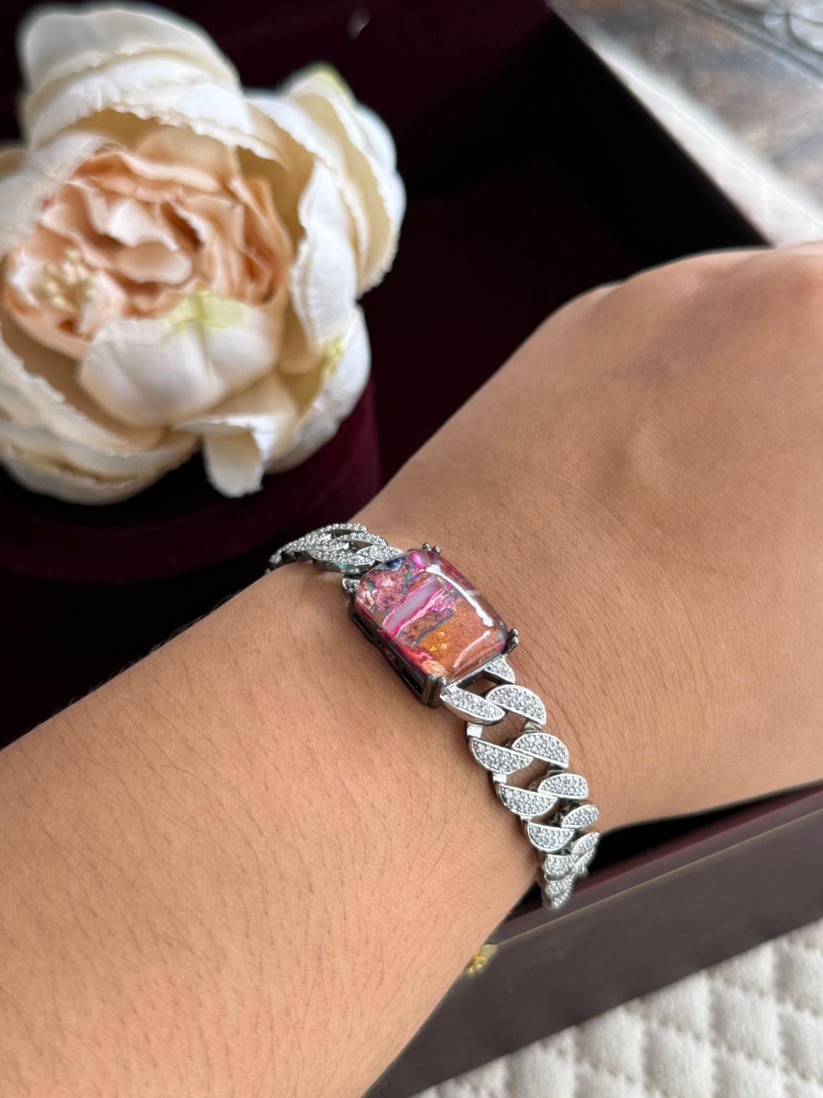 MULTI COLOUR STONE WITH SILVER POLISH BRACELET FOR WOMEN