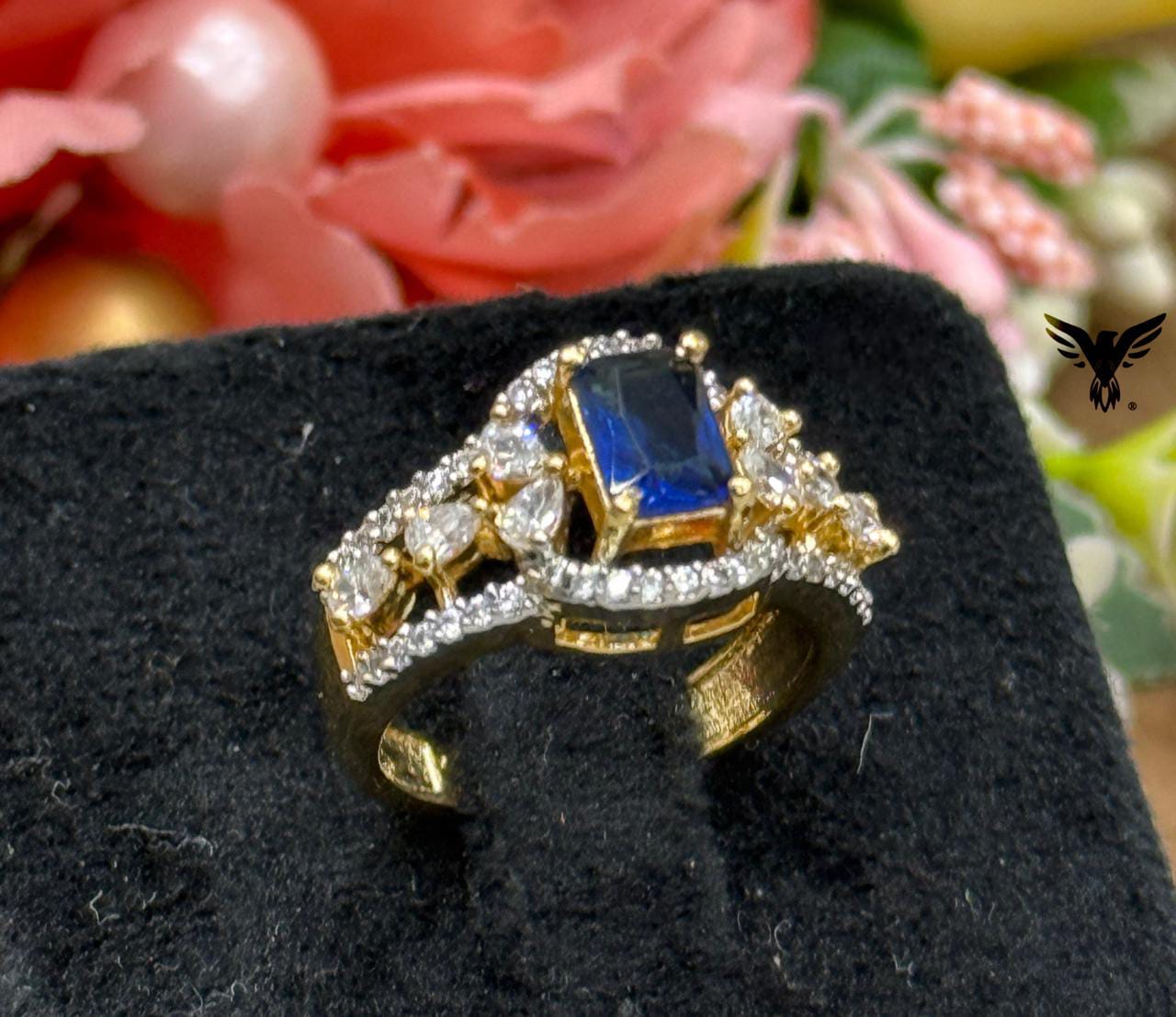 GOLDEN POLISH WITH BLUE STONE WITH CZ RING FOR WOMEN