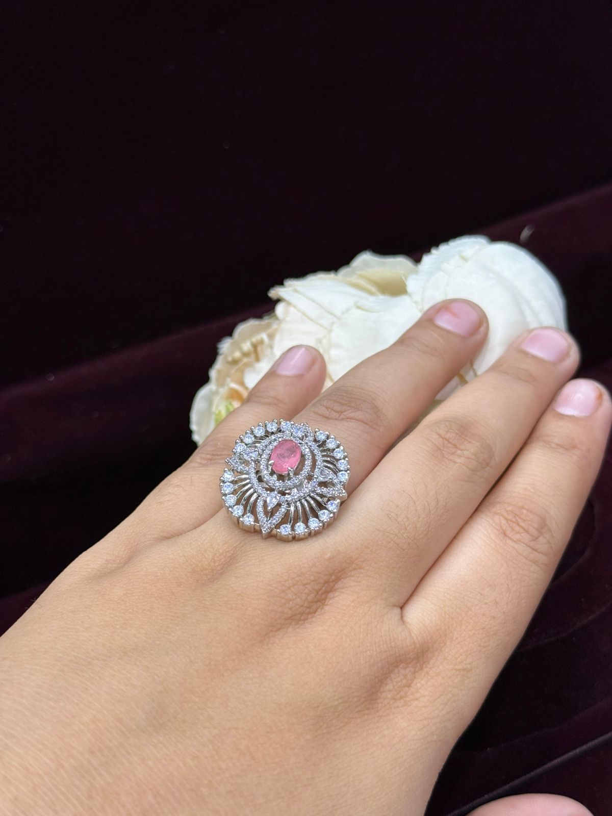 ELEGANT PINK CZ STONE WITH SILVER POLISH RING FOR WOMEN