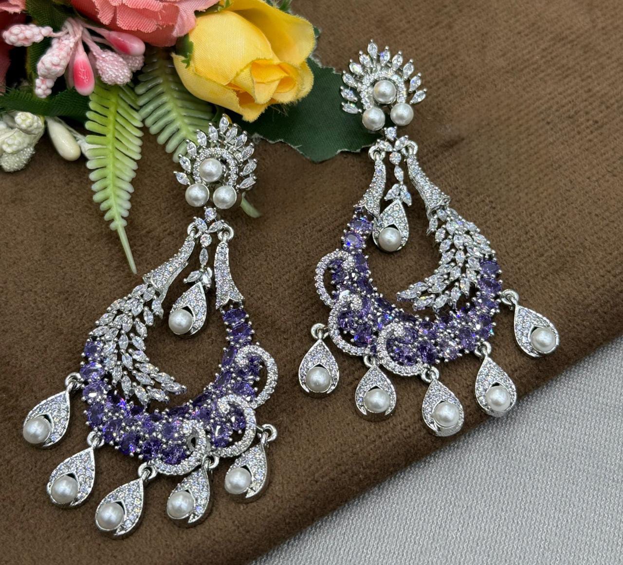 Glamorous Pearl Drop & Purple Zircon Long Earrings