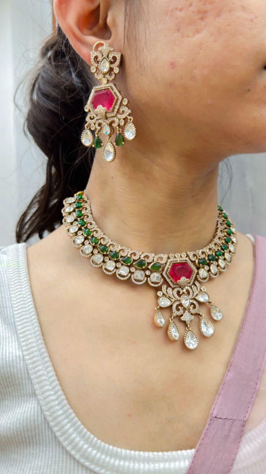 Suhaana mosanite kundan necklace in ruby and green doublet stone for women