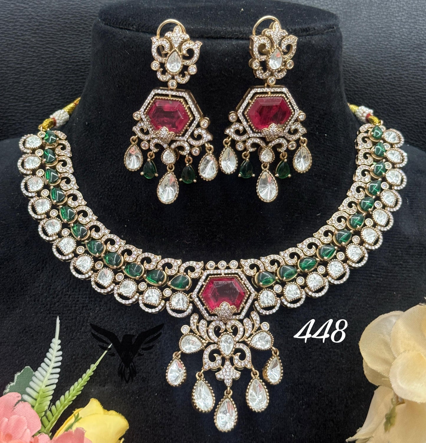 Suhaana mosanite kundan necklace in ruby and green doublet stone for women