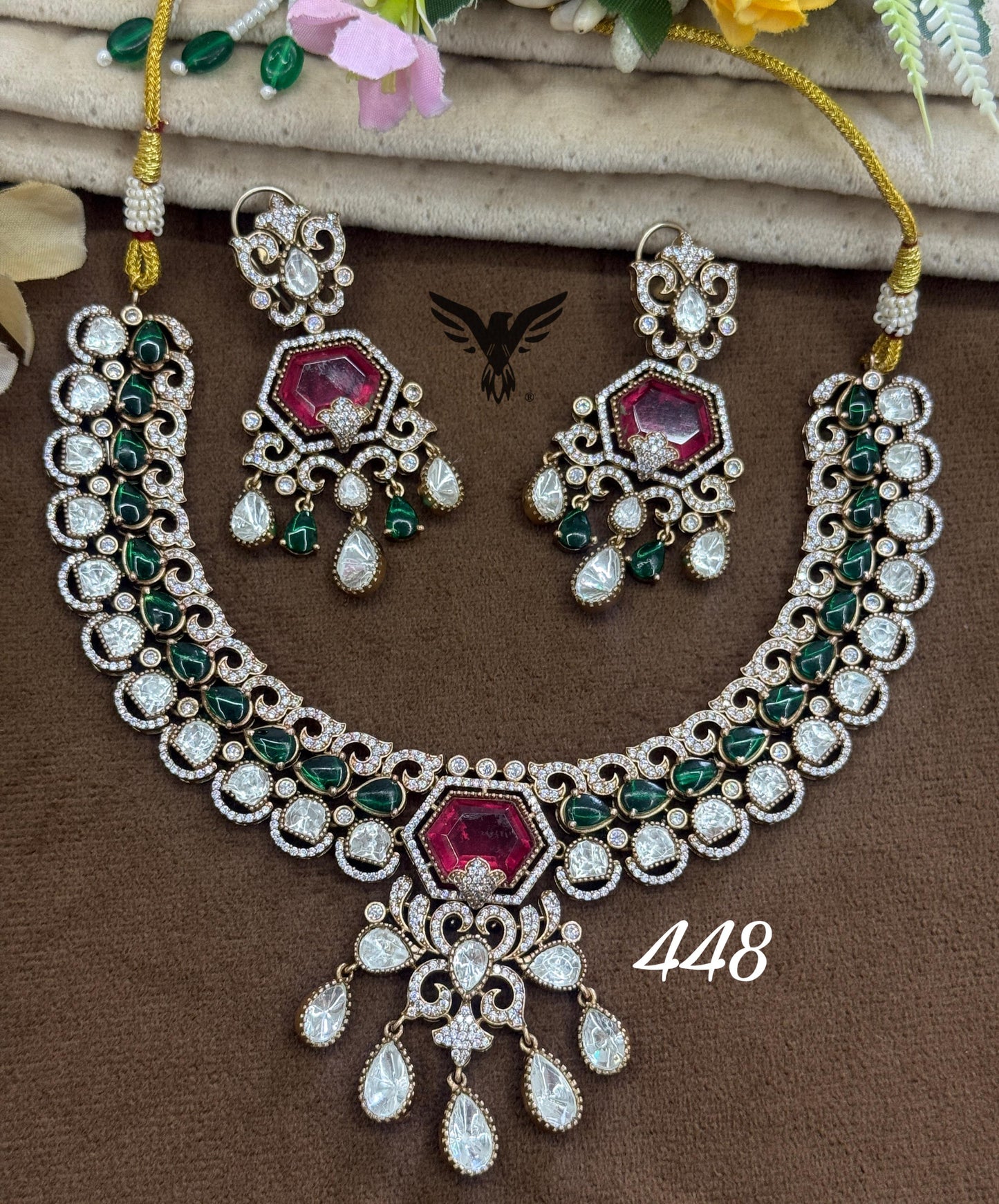 Suhaana mosanite kundan necklace in ruby and green doublet stone for women
