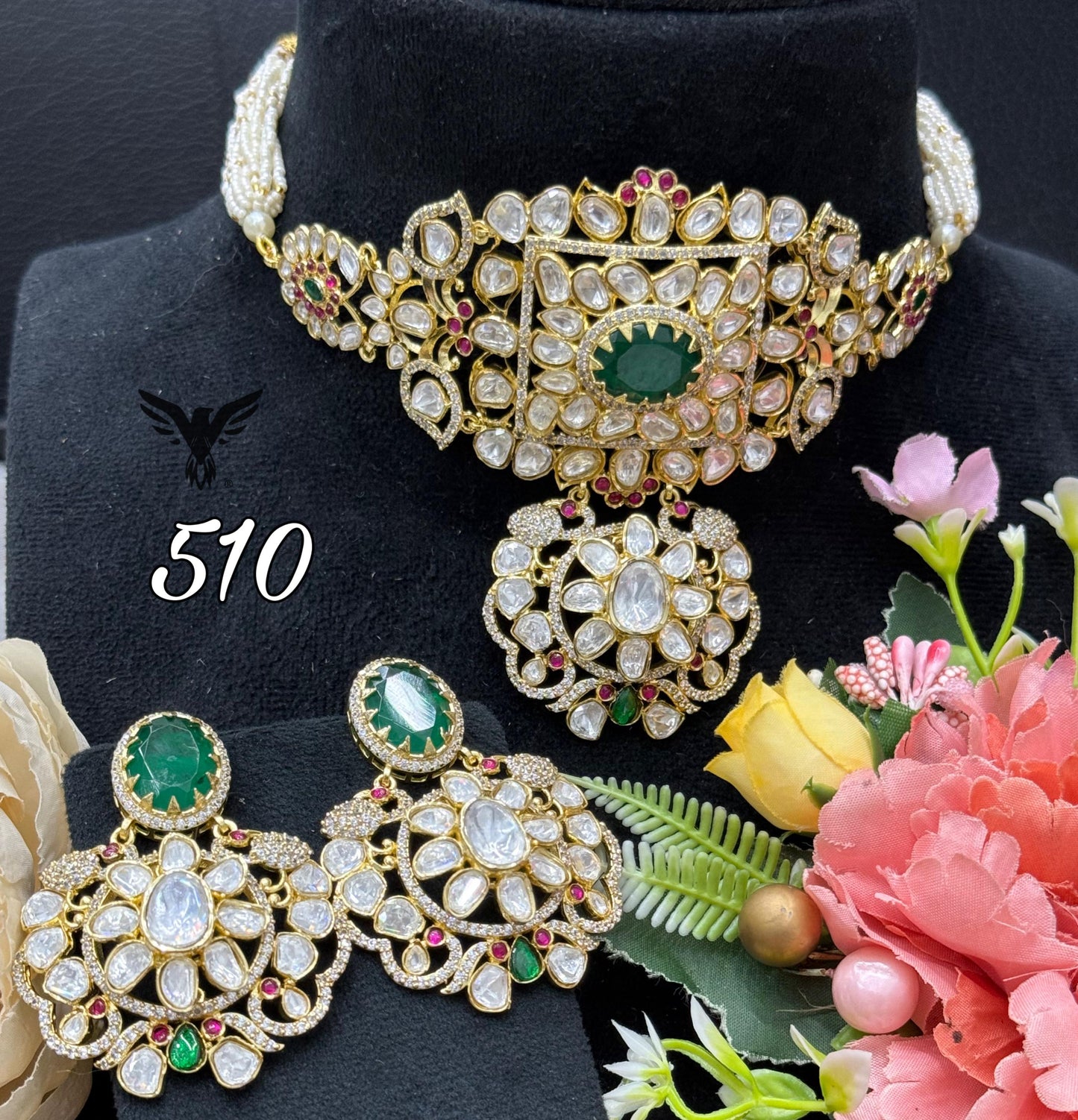 Sheetal polki mosanite gold choker set with earrings