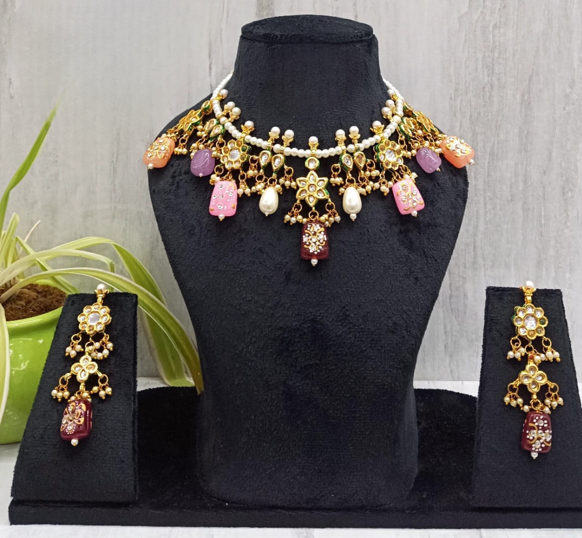 Tanjore handpainted tumble jaipuri necklace for women