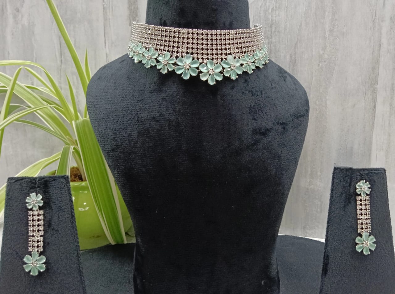 FLORAL AMERICAN DIAMOND MINT STONES CHOKER FOR WOMEN