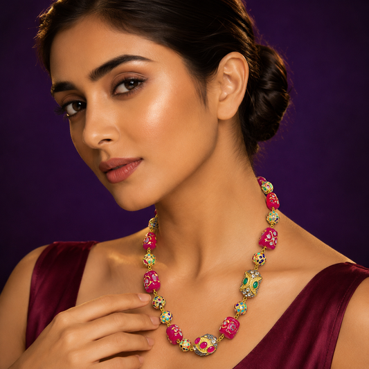Handpainted stones with brass beads single layered necklace mala for women