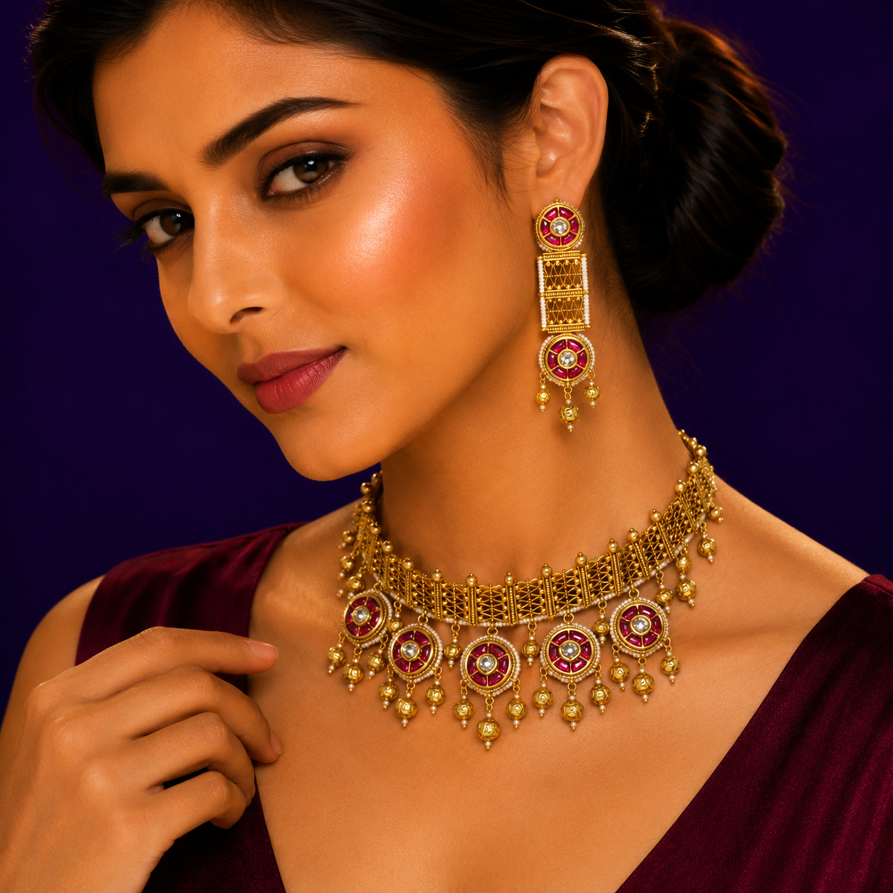 Gold With Takkad Stone Choker In Matte Finish For Women