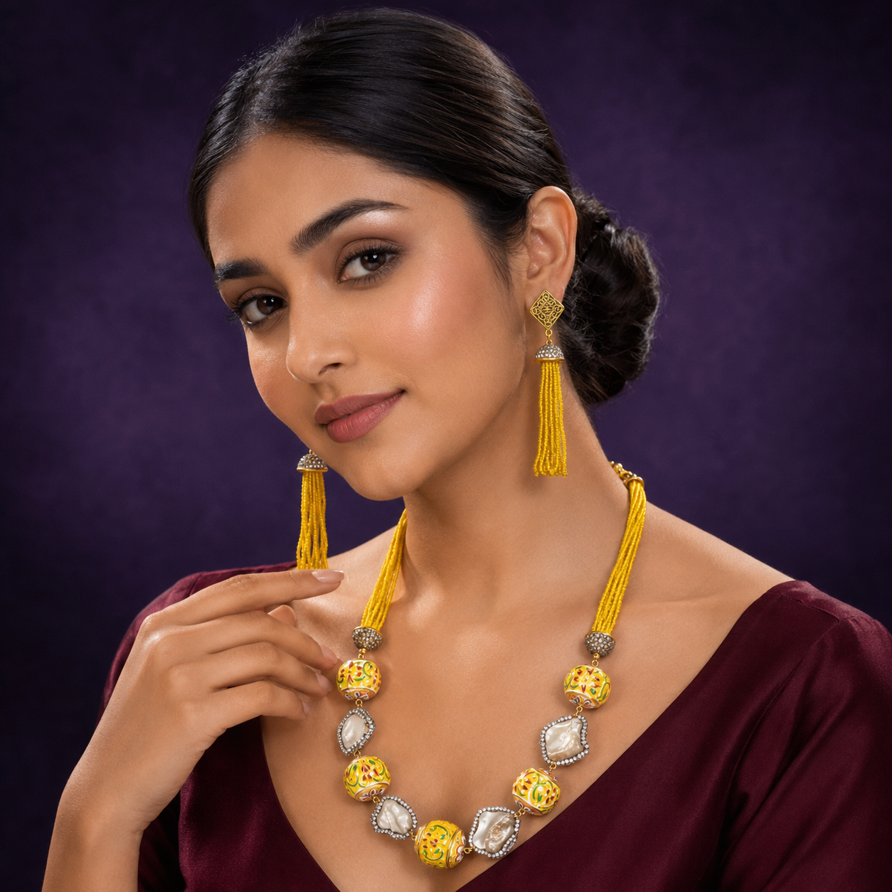 Samira Yellow Multi Layered mala In Duzy Stone For Women