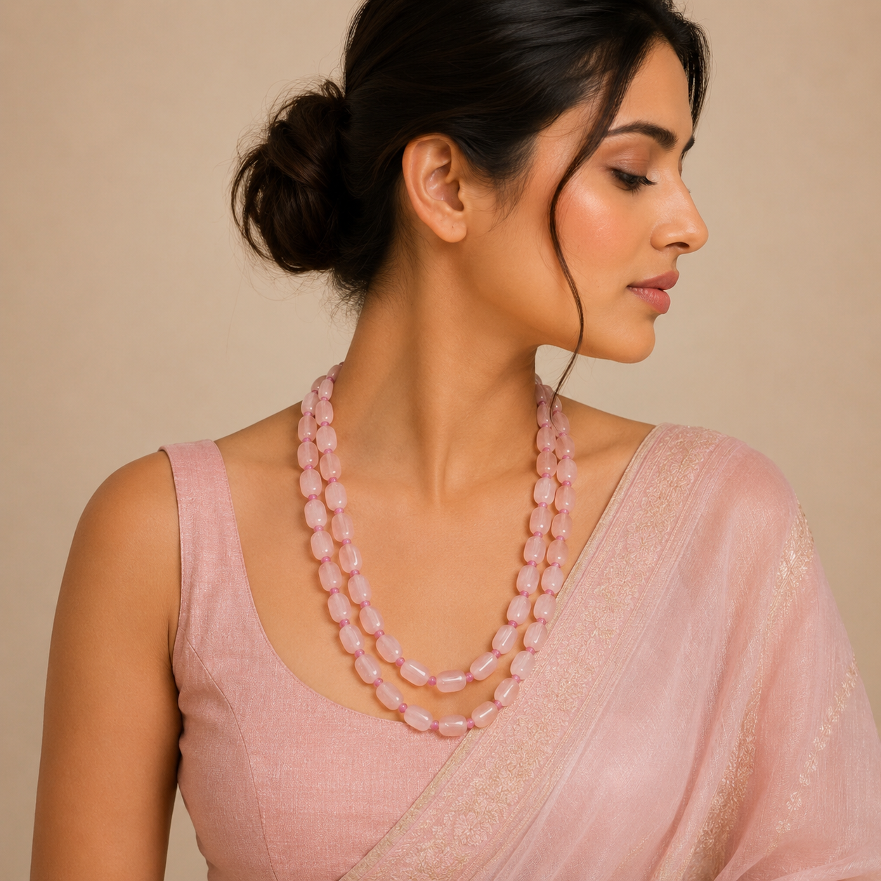 Peach beaded double layered mala for women
