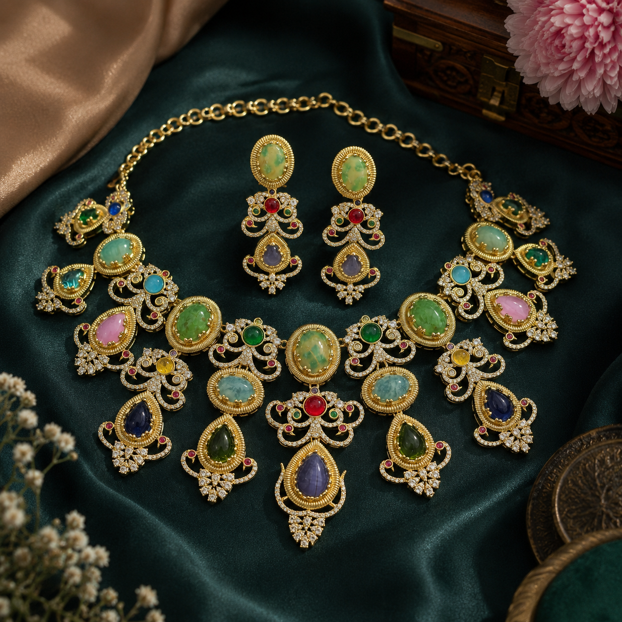 Multicoloured natural stone Vintage necklace  For Women