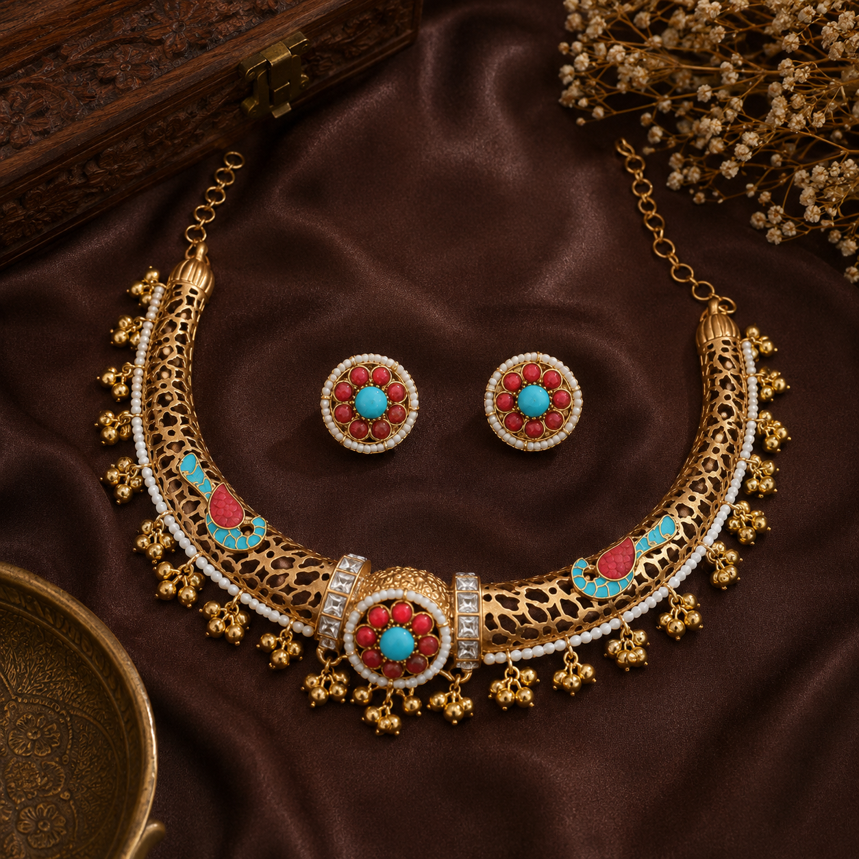 South indian gold and carved stone from Amrapali inspired collection in brass gold polish haslo for women