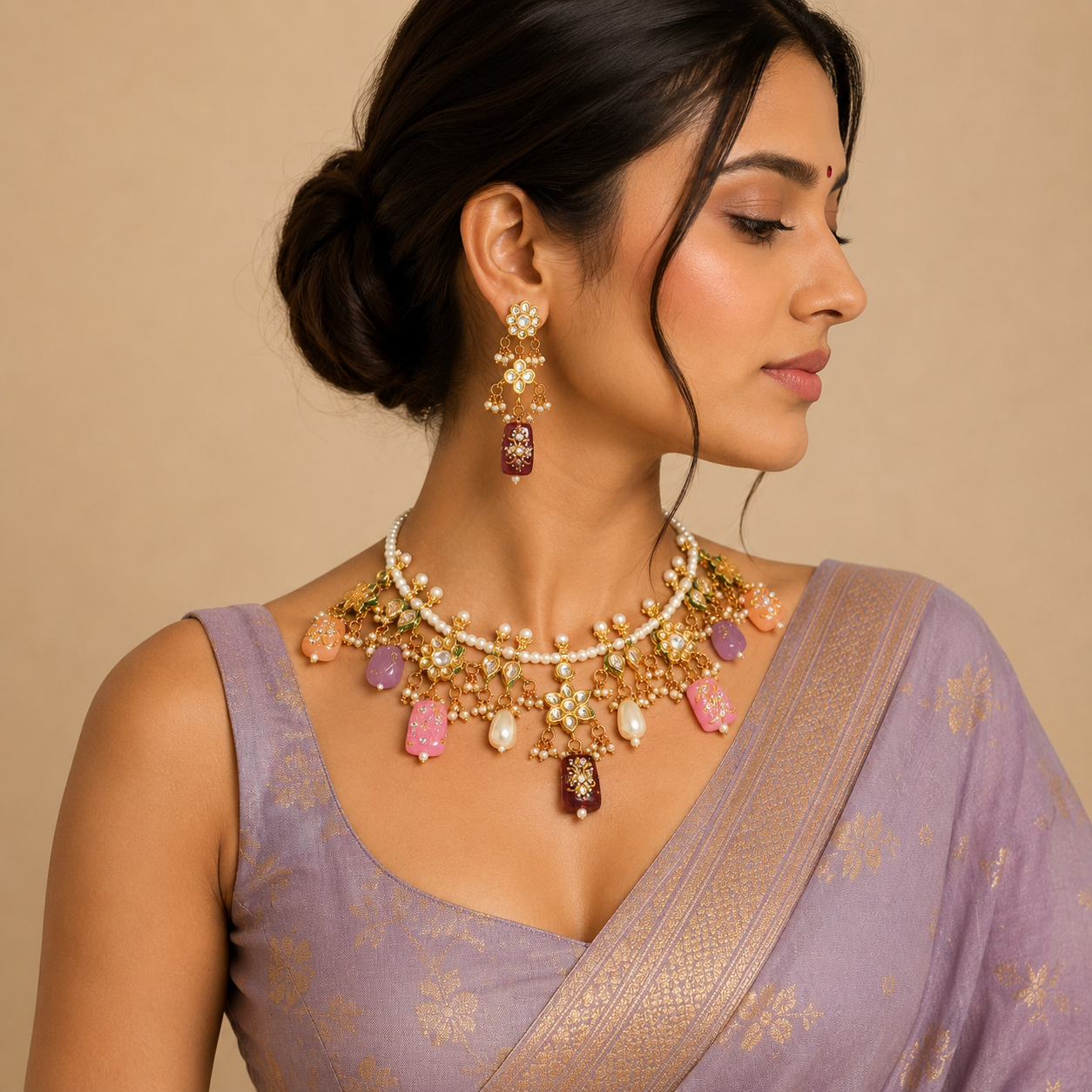 Tanjore handpainted tumble jaipuri necklace for women