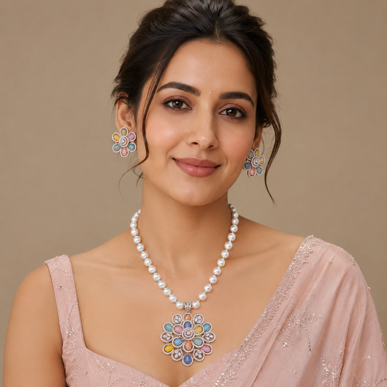 Multicolor Stone Floral Pendant & studs Set with Pearl Beaded Chain