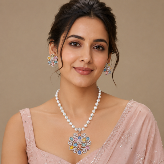 Multicolor Stone Floral Pendant & studs Set with Pearl Beaded Chain