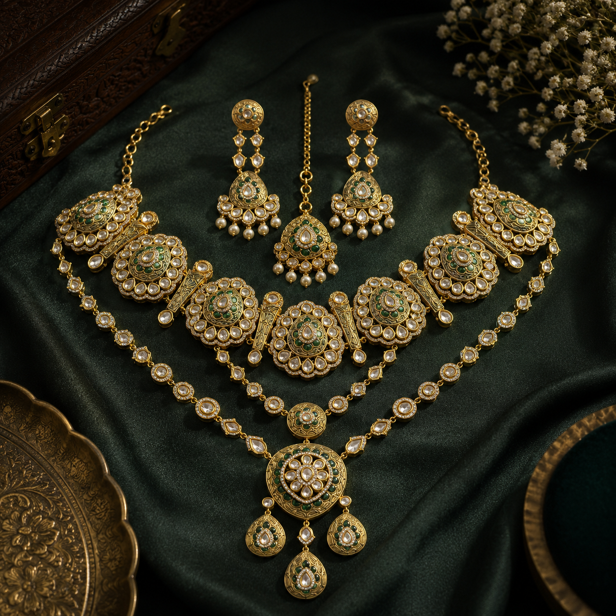 Meera choker and long necklace with earrings and tikka for women , perfect for Indian weddings and grand celebration