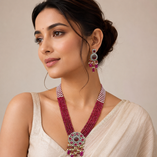 Drishti Carved Stone Broach Multi Layered Mala Necklace In Ruby Drop For Women