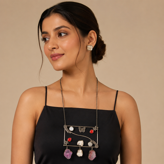 Medha Multi colored Silver Look Alike Necklace Set In  Duzy Stones For Women