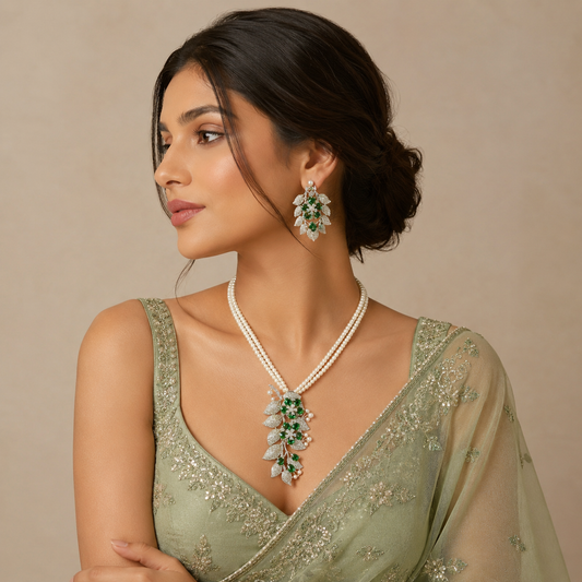 Tanya  Emerald Pendent Set In Double Layered Beaded Mala For Women