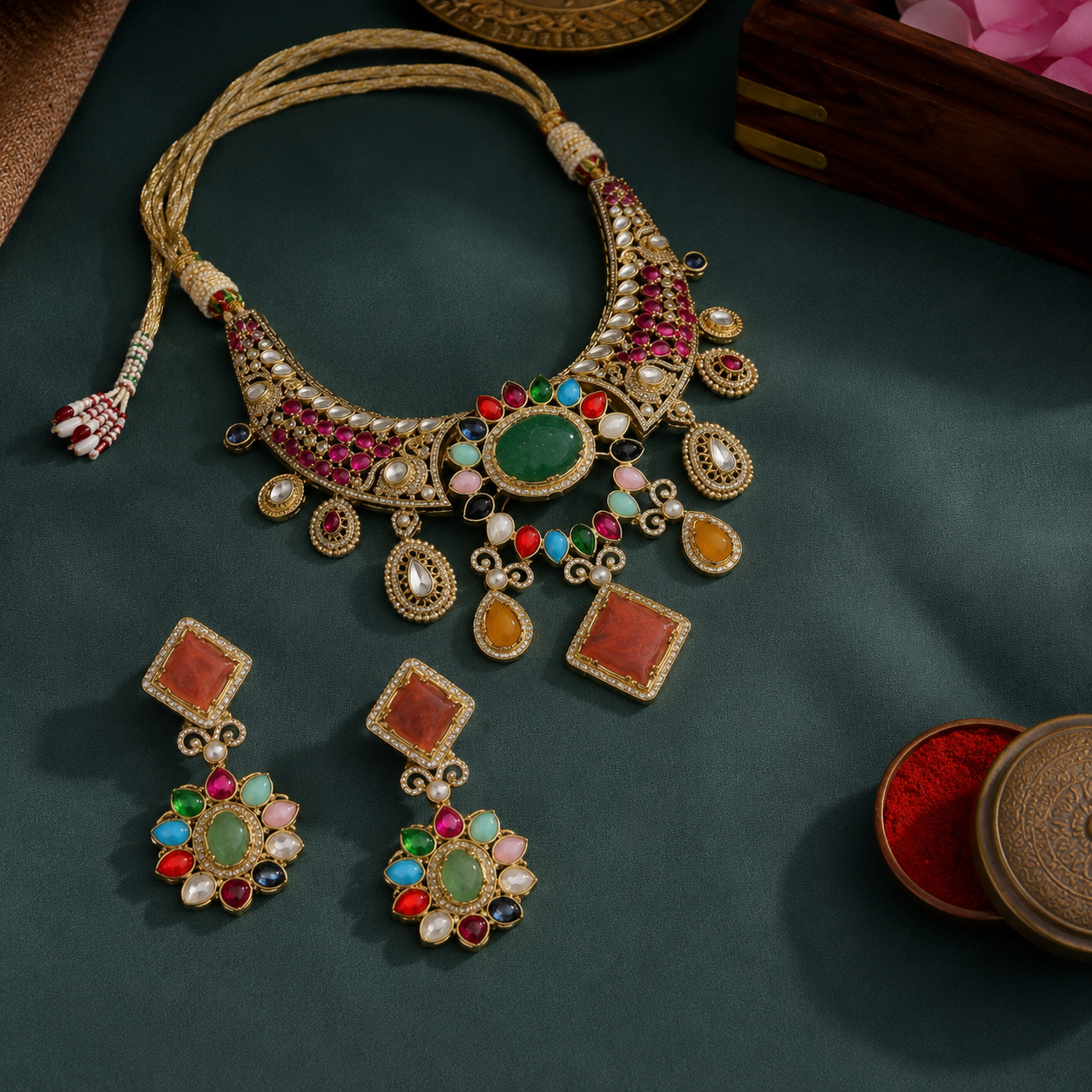 Natural Stones With cz And Kundan  Necklace