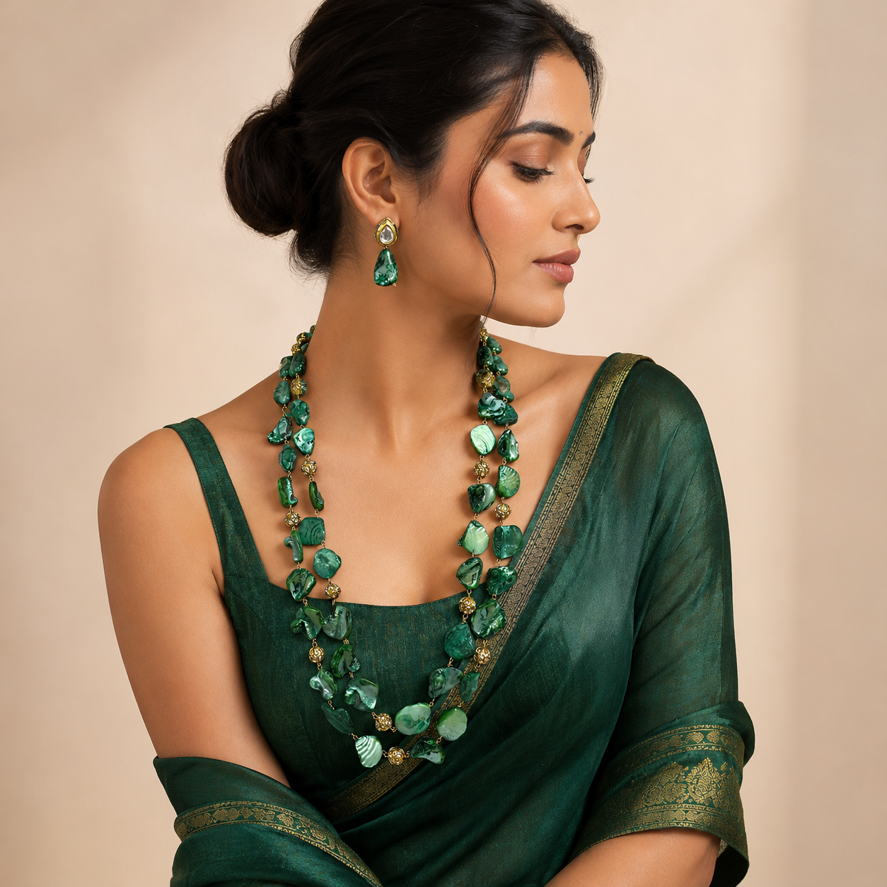 Unique green double layered necklace mala for women