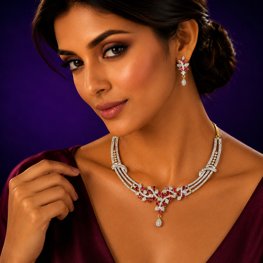 Designer Necklace & Earrings Set with Pink and White CZ Stones