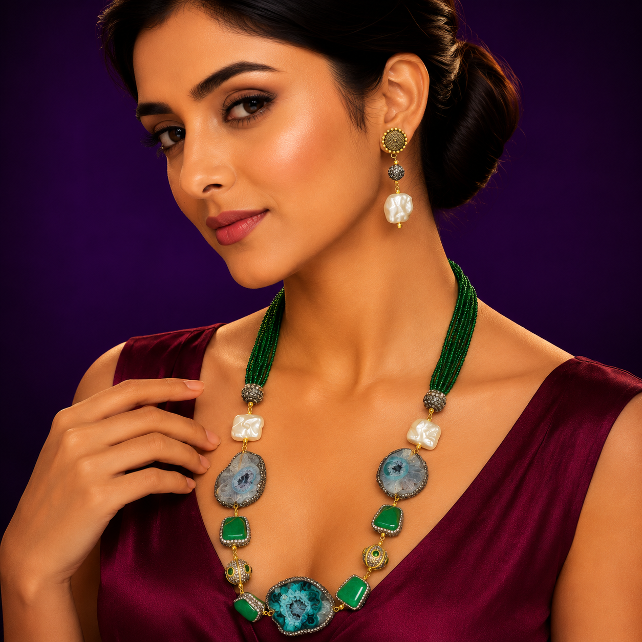Green and white Fusion mala in baroque, duzy and hydra beads from jaipur